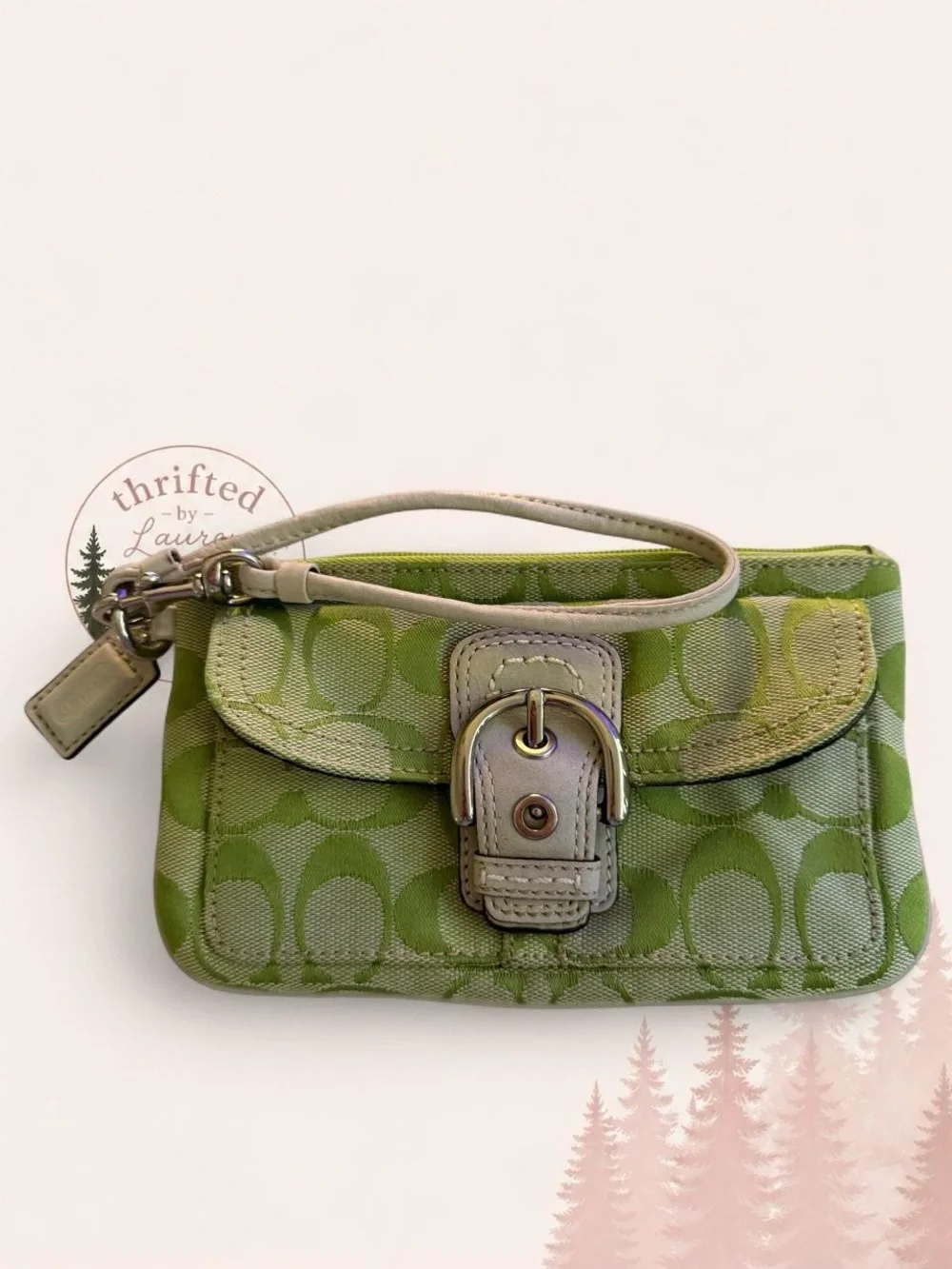 Coach Soho Signature Wristlet Pouch Green Jacquard Canvas Y2K Vintage